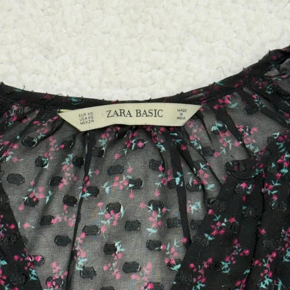 Zara Basic Black Floral Chiffon Mini Dress XS‎ Sheer Long Sleeve Ruffle Trim